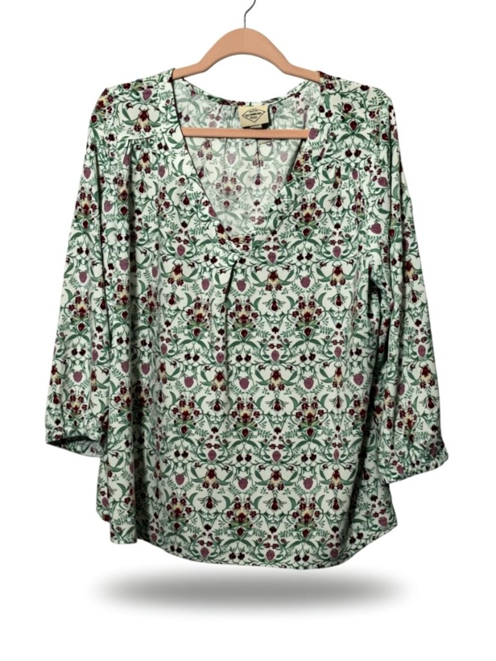 St. John's Bay White Floral V-Neck Blouse with Red & Green Floral Print